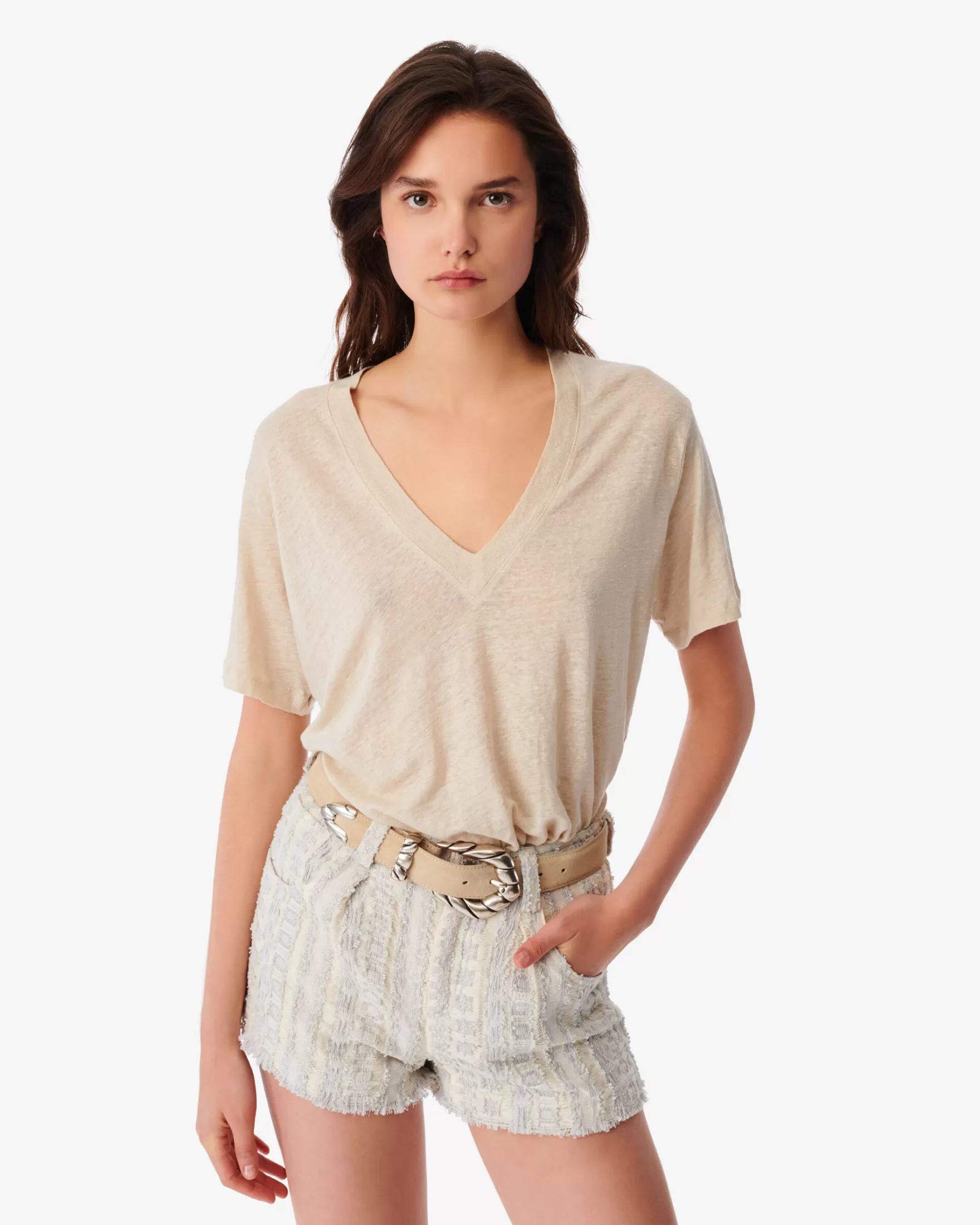 Fashion T-Shirt En Lin Col V Jeyla Femme T-Shirts